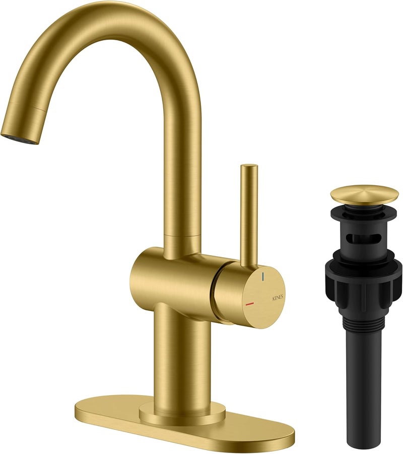KENES Brushed Gold Single Handle Bathroom Faucets Modern Prep Wet Bar Sink Faucets Bathroom Sink Faucet with Drain Assembly & Deck Plate, Farmhouse RV Camper Outdoor Utility Faucet, KE-9005B-4 - Image 1